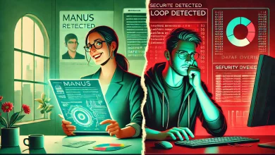 A split-screen illustration showing the duality of Manus AI's reception: on the left, a confident tech developer in a modern office using a glowing tablet, and on the right, a frustrated user facing a screen with error messages like ‘Loop Detected’ and ‘Server Overload.’ Subtle red flags hint at security concerns.