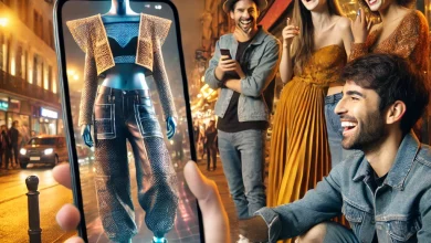 A trendy urban street scene at dusk, where a diverse group of friends laughs as one uses their phone to project a 3D AI avatar in a bold, sustainable fashion ensemble, blending seamlessly into reality.