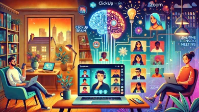 A vibrant digital illustration of a diverse remote team collaborating across the globe, with a split-screen setup showing a home office with ClickUp Brain and a virtual meeting with real-time transcription