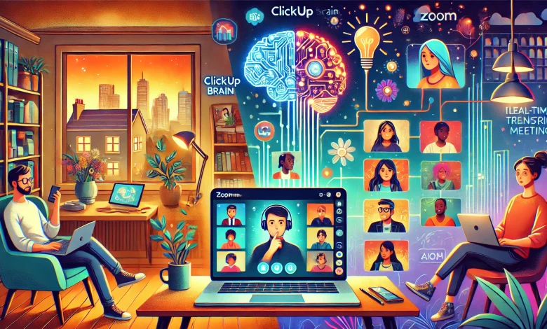A vibrant digital illustration of a diverse remote team collaborating across the globe, with a split-screen setup showing a home office with ClickUp Brain and a virtual meeting with real-time transcription