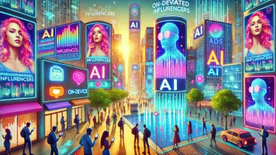 A futuristic cityscape in 2025 with AI-generated billboards showcasing synthetic influencers and AI-crafted ads, people using AI-powered smartphones, and glowing data centers in the background.