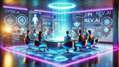 A vibrant, futuristic meeting room where a diverse group of people collaborates, with glowing holographic text transcribing their conversation in real time. The scene includes subtle nods to Otter.ai, Rev AI, and Sonix, featuring a sleek Zoom interface, API code snippets, and multilingual subtitles floating in the air.