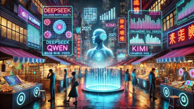 A futuristic night market in a neon-lit Chinese city in 2025, with holographic displays showcasing AI tools—DeepSeek solving math equations, Qwen generating videos, and Kimi organizing files. Futuristic-clad shoppers explore cutting-edge tech, while a massive floating comparison table pulses with real-time AI performance stats.