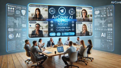 A virtual sales meeting with multiple participants on a video call, assisted by Aircover AI. The screen displays real-time battlecards, competitor analysis, and customer insights. One person is actively speaking while others take notes, with a sleek AI dashboard overlaying the call in a modern tech-driven atmosphere.