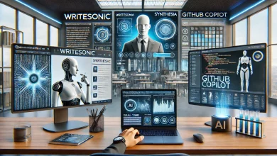 A visually engaging AI tools showcase featuring Writesonic, Synthesia, and GitHub Copilot. The modern digital workspace includes a laptop generating AI-powered content, a large screen displaying an AI-generated video with a realistic avatar, and a code editor with real-time AI coding suggestions. The tech-savvy and futuristic setting emphasizes AI’s role in content creation, video production, and software development.
