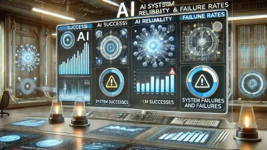 A visually striking representation of AI system reliability and failure rates. A futuristic AI control center dashboard displays success and failure metrics, with warning signals indicating system errors. A digital chart in the background highlights AI reliability trends over time. The sleek, high-tech atmosphere emphasizes AI's analytical capabilities and performance monitoring.