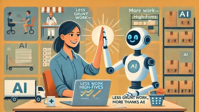 A warm, relatable scene of a smiling worker—a young woman in a casual office setting—high-fiving a sleek, friendly AI robot. She sits at a desk with a laptop displaying a completed task list, while the robot holds a glowing data orb symbolizing efficiency. The background subtly blends into various industries, including healthcare, retail, and warehousing, illustrating AI’s positive impact. The caption reads: 'Less grunt work, more high-fives—thanks, AI!' reinforcing the collaboration between AI and human workers.