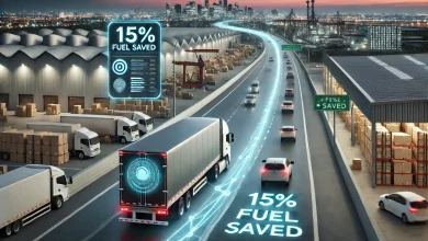 A delivery truck cruises along a highway, its dashboard glowing with an AI-powered map rerouting around traffic congestion. In the background, a warehouse stacks boxes neatly while a robotic arm sorts packages. A digital sign on the truck reads ‘15% fuel saved,’ highlighting AI-driven logistics efficiency and cost savings.