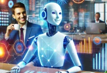A sleek AI assistant hovers over a desk, organizing colorful data streams into charts and schedules as a smiling businessperson watches with coffee in hand in a modern office.