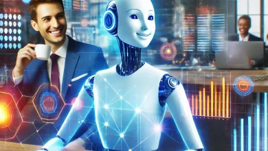 A sleek AI assistant hovers over a desk, organizing colorful data streams into charts and schedules as a smiling businessperson watches with coffee in hand in a modern office.