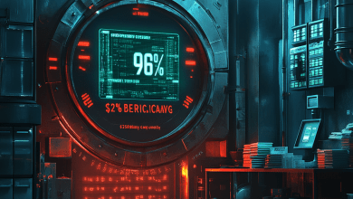 AI screen in bank vault showing 96% fraud caught and $27 billion saved, securing cash from a crook.