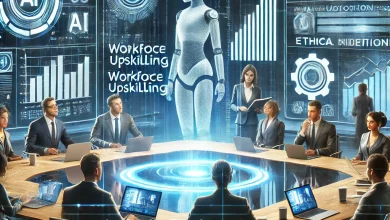 A futuristic business environment with executives and employees analyzing AI-driven data on holographic screens, featuring digital charts, analytics, and a robotic assistant symbolizing AI readiness.