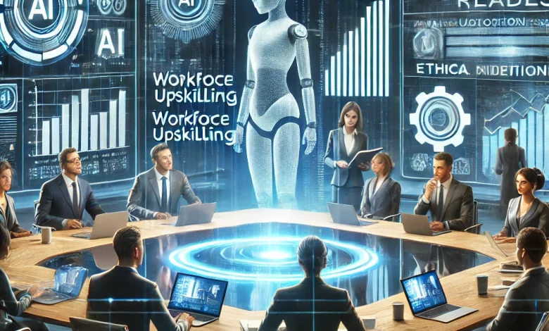 A futuristic business environment with executives and employees analyzing AI-driven data on holographic screens, featuring digital charts, analytics, and a robotic assistant symbolizing AI readiness.