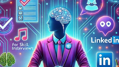 Illustration of a young professional at a desk with holographic AI tool icons (resume, speech bubble, brain, LinkedIn logo, mentor) against a blue-purple gradient background.