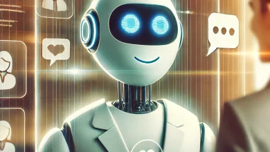 Friendly AI chatbot interface assisting a happy customer, featuring conversational speech bubbles and futuristic icons in a cozy workspace.