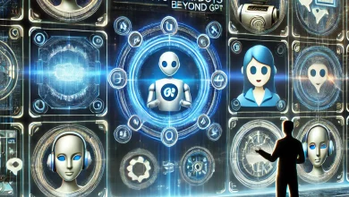 A futuristic AI chatbot interface displaying seven different chatbot platforms, each represented by distinct digital icons, with a sleek cybernetic theme and glowing AI elements.