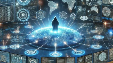 A conceptual illustration of AI-driven cyber warfare, featuring a hacker using AI algorithms to breach cybersecurity defenses, with glowing lines of code and digital shields representing cyber protection efforts.