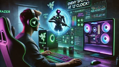 A highly realistic gaming setup featuring a professional gamer wearing a Razer headset, illuminated by Chroma RGB lighting, with a glowing holographic AI assistant providing real-time gaming tips.