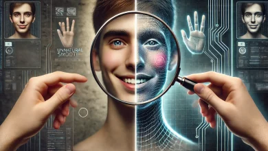 Split-screen showing a realistic photo next to an AI-generated version, highlighting unnatural smoothness and distorted text under a magnifying glass.