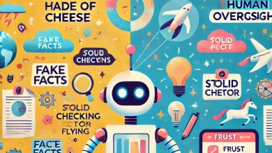 A colorful infographic illustration of an AI robot typing on a laptop, with a split background. The left side, labeled 'AI Hallucinations,' features fake facts like a moon made of cheese and a flying unicorn. The right side, labeled 'Human Oversight,' shows a human editor verifying facts with glowing fact-checking tools and solid sources. A 'Trust Meter' and magnifying glass add playful details.