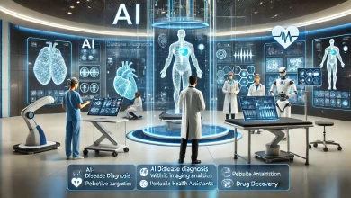 A futuristic healthcare setting featuring AI-powered disease diagnosis, robotic surgery, and virtual health assistants providing real-time patient support. Doctors interact with AI-driven predictive analytics screens for personalized treatments and drug discovery.