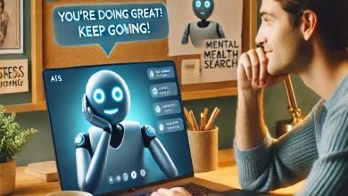 supportive, modern digital workspace where a job seeker uses an AI-powered mental health assistant on a laptop, with calming visuals on the screen.