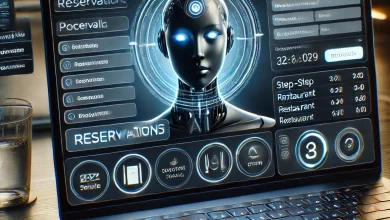 A modern web browser interface featuring an AI assistant actively booking a restaurant table. The interface has a sleek, futuristic design with glowing UI elements, step-by-step task execution, and privacy-focused icons.