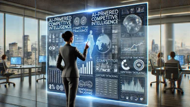 Futuristic digital workspace with a transparent screen displaying AI-driven market insights, competitor tracking, and trend predictions, with a business professional interacting using hand gestures.
