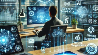 A futuristic workspace featuring a laptop and smartphone displaying AI-powered productivity apps, with holographic icons representing automation and efficiency.