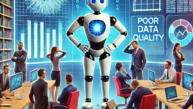 A conceptual illustration of AI project failure, showing a malfunctioning AI robot in a futuristic office surrounded by frustrated business executives and data scientists. A large screen in the background displays error messages and broken data charts, symbolizing poor data quality and unrealistic goals.