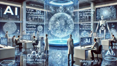 A futuristic AI research lab showcasing major breakthroughs, including holographic projections of large language models, reinforcement learning in robotics, federated learning, and multimodal AI. Scientists analyze data and interact with AI-driven robotic arms in a high-tech, illuminated workspace.