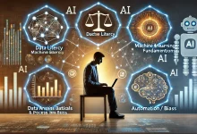 A professional working on a laptop with holographic icons representing five essential AI skills: data literacy, machine learning fundamentals, data analysis and visualization, AI ethics and bias, and automation. The setting is a futuristic yet realistic workspace, emphasizing career growth in AI.