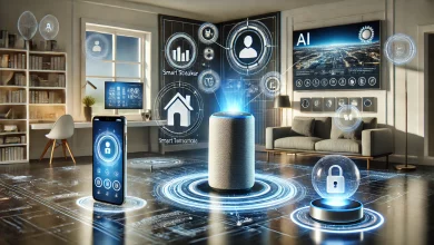 A futuristic smart home showcasing AI-powered devices, including a smart speaker, smart thermostat, smartphone with AI recommendations, and a facial recognition security system. The environment is illuminated with sleek blue and white lighting, emphasizing advanced technology in everyday life.