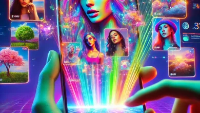 A vibrant, futuristic illustration blending real and synthetic influencer selfies and digital content, highlighting AI's significant role in social media