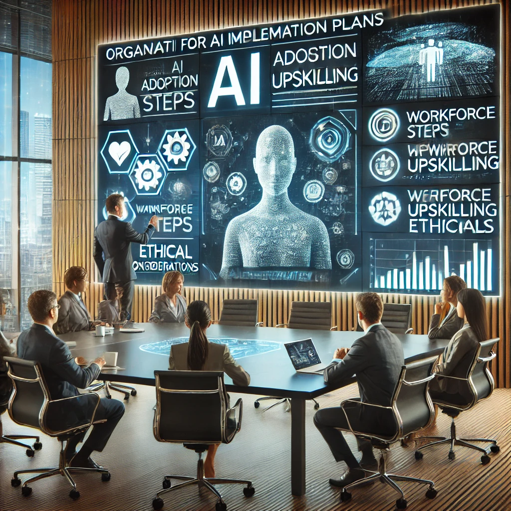 A corporate AI strategy meeting with a diverse team discussing AI implementation plans, with futuristic digital displays showing AI adoption steps, workforce upskilling, and ethical considerations.
