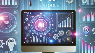 Futuristic digital workspace showing a computer screen with an AI-powered presentation, surrounded by floating holographic icons like a magic wand, lightbulb, gears, and graphs. The background features a sleek gradient of blue and purple tones, symbolising innovation and technology.