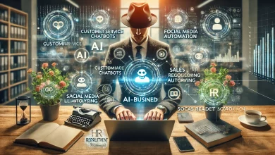 A business owner using a laptop surrounded by AI-powered tools, including chatbots, financial analytics, social media automation, sales lead scoring, and HR recruitment solutions. The workspace blends technology with a human touch, illustrating AI’s role in small business efficiency.