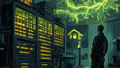 Server room with AI training meter at 1,287 MWh, showing 120 homes powered and efficiency graph.