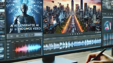 A futuristic AI-powered video editing interface displaying a user inputting a text prompt, generating a photorealistic video of a cityscape in real-time.