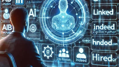 A futuristic digital interface displaying AI-powered job recommendations. A user sits at a sleek workstation with clearly readable holographic job postings, showing job titles and company names. Icons of LinkedIn, ZipRecruiter, Indeed, Hired.com, and Glassdoor appear in the background, interconnected by a glowing AI algorithm network.