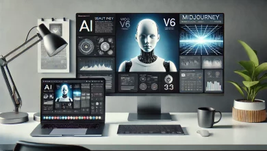 A modern workspace showing a laptop with an AI-generated presentation slide, a monitor displaying a realistic AI image, and another screen featuring a UI/UX prototype.
