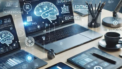A modern content creator's workspace featuring a laptop, tablet, and smartphone displaying AI-powered tools for research, writing assistance, editing, and content repurposing, with digital overlays representing AI-enhanced productivity.