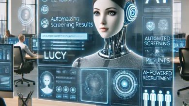 A futuristic AI-powered recruitment interface showcasing Lucy, an advanced digital worker, analyzing candidate data and automating hiring processes in a modern HR environment.