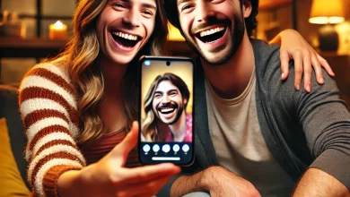 Two friends, a man and a woman, sitting on a couch in a cozy living room, laughing joyfully at a face-swapped photo on a smartphone screen using the Magic Hour face swap tool.