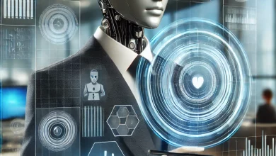 Illustration of a futuristic AI assistant in a professional setting analyzing data.