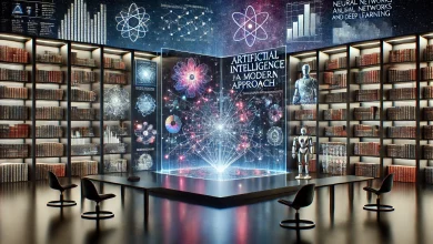 A futuristic library with holographic projections of influential AI books surrounded by dynamic visuals of neural networks, probabilistic graphs, and robotics, set against a cosmic digital backdrop.