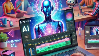 A vibrant digital illustration of a futuristic video editing setup with a sleek laptop displaying an AI-powered interface. The screen is divided into three sections showcasing Synthesia (an AI avatar speaking), Runway ML (a background swap in progress), and Pictory (text transforming into a video clip). A diverse group of creators collaborates around the workspace, which features neon accents, cozy lighting, and a creative studio vibe.