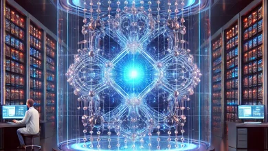 A futuristic quantum computer with glowing qubits inside an IBM research lab, illuminated with blue and purple lights.