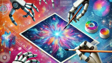 Illustration of futuristic AI tools and applications, with robotic arms performing creative tasks.