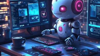 A futuristic digital workspace set in a high-tech Chinese city at dusk, featuring a glowing AI assistant named Manus. Holographic screens display a website-building interface, a travel itinerary to Beijing, stock market charts, interactive school lessons, and insurance policy comparisons. The scene is illuminated with soft neon blue and purple hues, with a coffee cup on the desk and a bustling skyline in the background, blending professionalism with creativity.